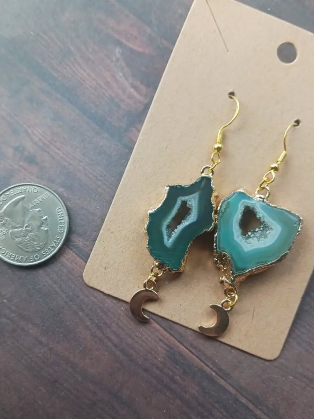 Green agate with moon charm hand made earrings